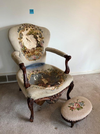 Floral Upholstered Armchair and Footstool