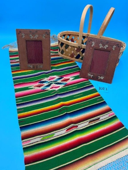 Fringed Woven Rug, 2 Floral Design Frames, Woven Basket