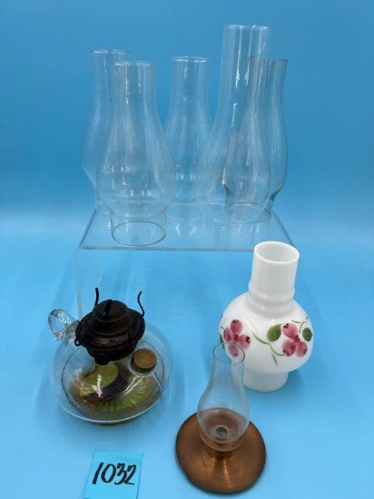 Glass Oil Lamp Base, Brass Candle Base and 7 Chimneys