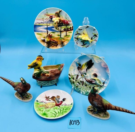 4 Bird Plates, 2 Ceramic Pheasants, and Bird Container