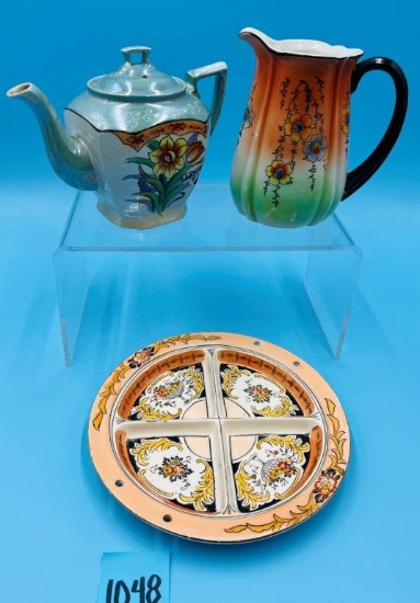 Floral Teapot, Orange/Green/Black Pitcher, Floral Divided Serving Plate
