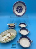 Blue/White Bowls and Pitcher, Green Rim Bowl with Painted Scene inside