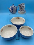 3 Blue/White/Floral Ceramic Bowls, and a Blue/White Tea Set