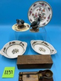 2 Quail Figurines, Floral Plates, Bowls, and Egg Scale