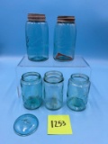5 Blue Glass Canning Jars, 2 Metal Lids, 1 Glass Lid