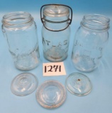 3 Glass Mason Jars/Lids= Schram, Atlas, Jeannette