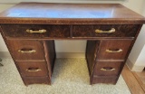 Vintage Wood Desk with 6 Drawers and Metal Pulls