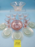 Pink Glass Stemware and Cut Glass Bowl, Glass Plates and Bowl