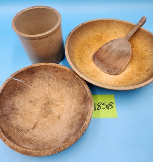 2 Wood Dough Bowls, Crock, and Paddle Spoon