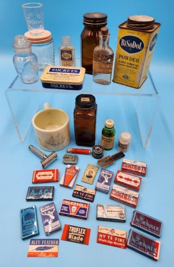 Antique Portland OR Druggist glass, Vintage Medicine Bottles, and Collection of Vintage/Antique Razo