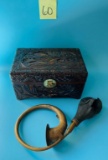Carved Scene Wood Box and Antique Horn