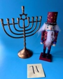 Menorah with 9 Holders, and Burgundy Nut Cracker