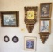 Framed Artworks and 2 Carved Wall Shelves