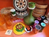 Vintage Plates, Cups, Decanter, Wicker, & more