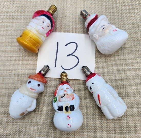 Vintage Santas and Snowmen Figural Christmas Milk Glass Light Bulbs