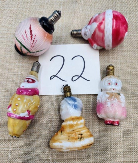 Vintage Lantern, Santa, Clown, and additional Figural Christmas Milk Glass Light Bulbs