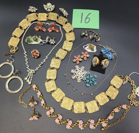 Pink Floral Necklace/Earrings, Egyptian Theme Link Belt, and more