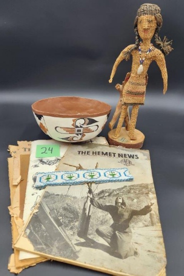 Native American woven figure, Decorated Bowl, and more