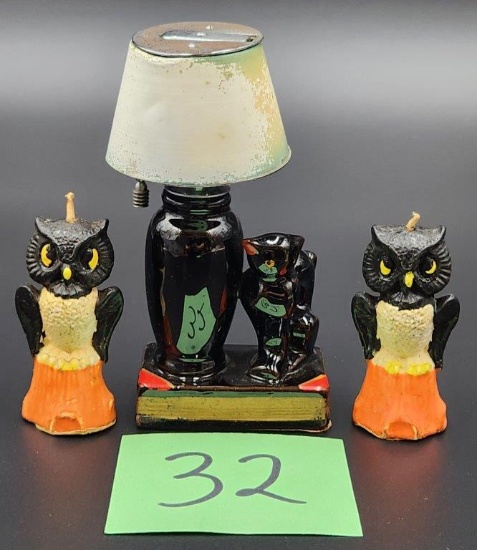 Vintage "Gurley" Owl Candles, and Black Cat/Lamp Lighter