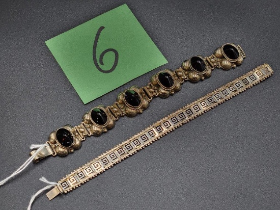 Sterling "Greek Key" and Mexico Black Amethyst Glass Bracelets