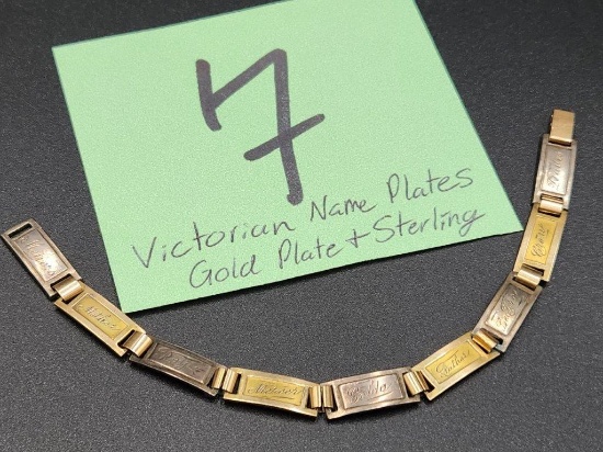 Victorian Gold Plate/ Sterling "Name Plates" Bracelet