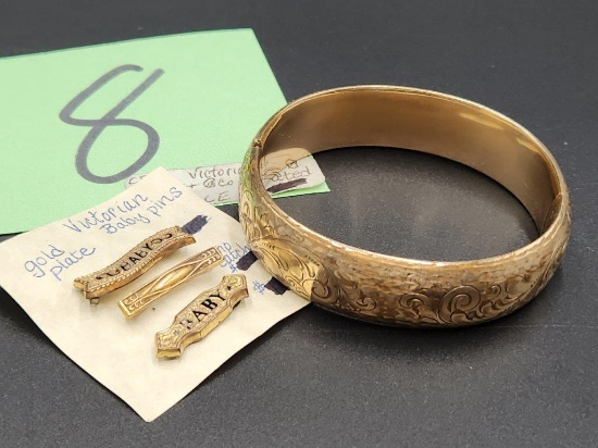 Victorian Gold Plate Bangle Bracelet and "Baby" Pins