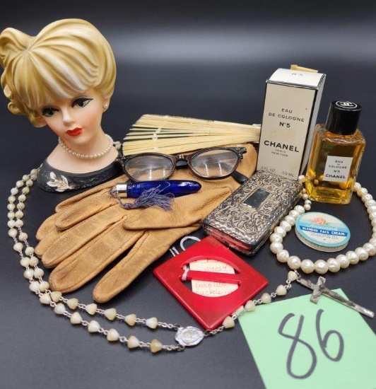 Chanel #5 Bottle and Box, Napcoware Head vase, and more