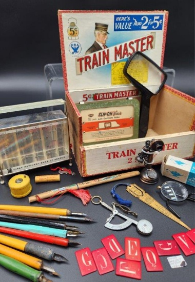 Vintage Coin Sorter, Assortment of Fountain/Dip Pens, and more