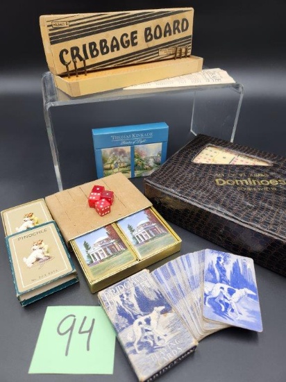 Vintage Cribbage Board, Decks of Cards, Jumbo Dominoes, and Dice