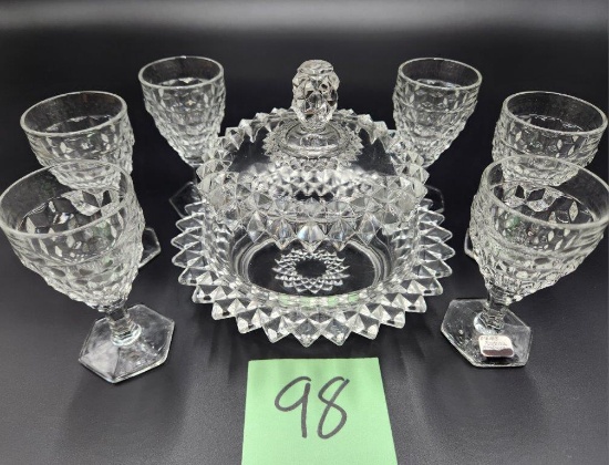 Cut Glass Plate with Cloche dome lid and Stemware set