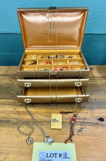 Large Vintage Locking Jewelry Box With 2 Drawers