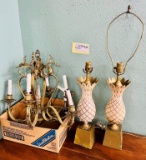 Pair Pineapple Base Table Lamps, And Chandelier