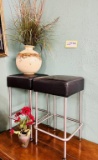 Pair Tall Bar Stools, Ceramic Vase With Faux Grass