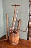 Vintage Pick Axe, Hand Pump, Wood Barrel, And More