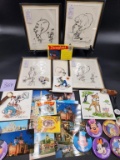 Set Disney Caricatures, Pins, Postcards, Mickey Watch