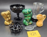 Pair 1950s Glamour Head Vases, Black Milk Glass Dish