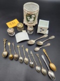 Collector Sterling Spoons, Glass Powder Jars With Lids