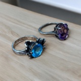 Pair Vintage Silver Large Center Stone Rings