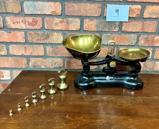 Vintage Librasco Brass Pans Scale plus Brass Weights