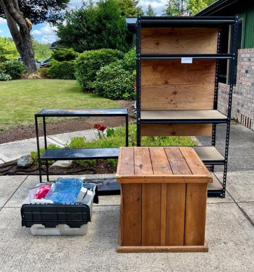 Pair Of Industrial Style Shelves, Wood Bin
