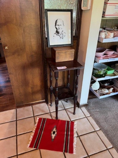 Vintage Accent Table, Small Rug, Box, And Framed Print