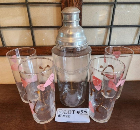 Mcm Cocktail Shaker & Federal Glass "amoeba Boomerang" Set