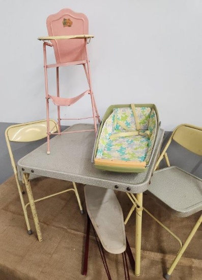 Vintage Pink Metal High Chair, Toy Ironing Board
