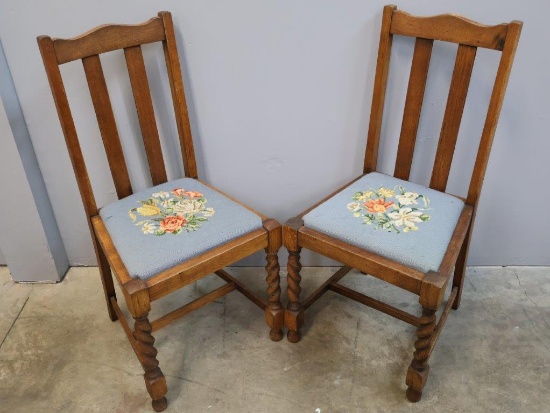 Pair Wood Slat Back Barley Twist Leg Chairs