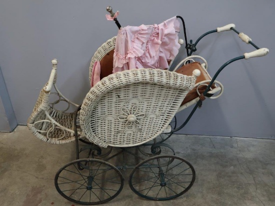 Antique White Wicker Baby Carriage with Pink Parasol