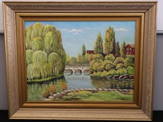 Large Framed "Pond Bridge" Painting on Canvas