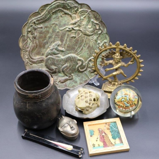Vintage Wood Jar, Scallop Edge Bronze Asian "Tiger Dragon" Plate