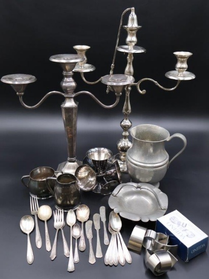 Pottery Barn 3 Arm Candelabras, Snuffer, and Silverware