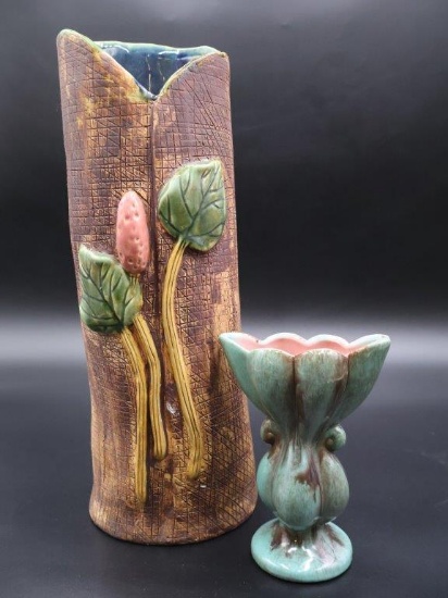 Majolica style approx 16 inch Pottery Vase, plus
