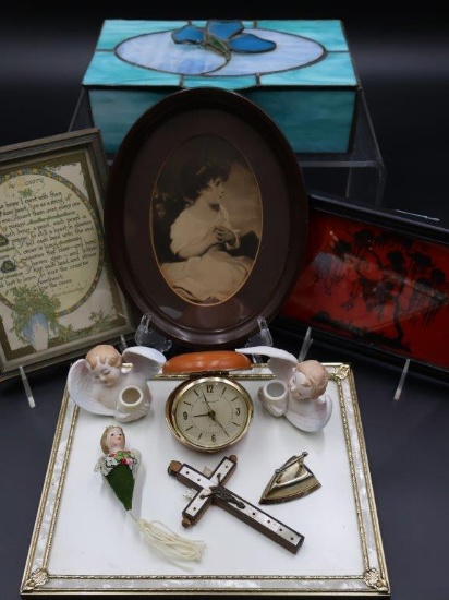 Vintage Vanity Tray, Occupied Japan Angel Candle Holders, plus